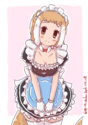 Rule 34 | 1girl, alternate costume, black hair, breasts, brown hair, cleavage, collarbone, commentary request, dated, detached collar, empty eyes, enmaided, frills, gloves, head tilt, highres, holding, holding tray, japanese otter (kemono friends), kemono friends, looking at viewer, maid, maid headdress, medium breasts, multicolored hair, nakashi masakumi, otter tail, pink background, puffy short sleeves, puffy sleeves, short hair, short sleeves, simple background, smile, solo, split mouth, tail, thighhighs, tray, twitter username, two-tone hair, white gloves, white hair, white thighhighs