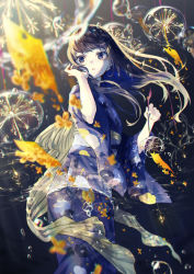 Rule 34 | 1girl, :o, baracan, black hair, blue eyes, fireworks, highres, japanese clothes, kimono, looking at viewer, parted lips, solo, water