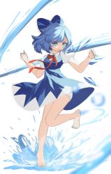 Rule 34 | 1girl, barefoot, blue bow, blue dress, blue eyes, blue hair, bow, cirno, clynxen, dress, highres, hydrokinesis, ice, ice wings, puffy short sleeves, puffy sleeves, red ribbon, ribbon, short hair, short sleeves, solo, touhou, water, wings