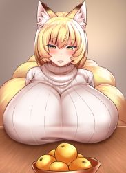 Rule 34 | 1girl, animal ear fluff, animal ears, blonde hair, blush, breast rest, breasts, breasts on table, food, fox ears, fox tail, fruit, grey background, huge breasts, looking at viewer, mandarin orange, multiple tails, no headwear, no headwear, parted lips, ribbed sweater, short hair, simple background, smile, solo, sweater, tail, touhou, turtleneck, white sweater, wildcat (kusonemi), yakumo ran, yellow eyes