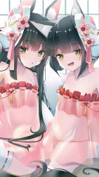 Rule 34 | 2girls, animal ear fluff, animal ears, azitama atsushi (attyuu), azur lane, bare shoulders, black hair, bra, camisole, collarbone, commentary request, face-to-face, fox ears, green eyes, highres, lingerie, long hair, looking at viewer, mask, mask on head, multiple girls, mutsu (azur lane), nagato (azur lane), nagato (great fox&#039;s respite) (azur lane), negligee, off shoulder, open mouth, panties, red bra, red panties, see-through, short hair, sitting, smile, spread legs, thighhighs, underwear, very long hair, white legwear