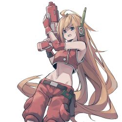 Rule 34 | 1girl, belt, blonde hair, blue eyes, breasts, commentary, crop top, curly brace, doukutsu monogatari, gloves, gun, huanxiang huifeng, humanoid robot, long hair, looking at viewer, midriff, navel, open mouth, robot, robot ears, simple background, solo, weapon, white background