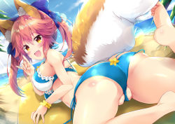 Rule 34 | 10s, 1girl, animal ear fluff, animal ears, ass, bad id, bad pixiv id, beach, bikini, blue bikini, blue ribbon, blush, breasts, cleavage, commentary request, day, fang, fate/extra, fate/extra ccc, fate/grand order, fate (series), fox ears, fox shadow puppet, fox tail, hair ribbon, large breasts, looking at viewer, looking back, lying, maruchan., navel, ocean, official alternate costume, on stomach, open mouth, outdoors, palm tree, palms, pink hair, ribbon, solo, swimsuit, tail, tamamo (fate), tamamo no mae (fate/extra), tamamo no mae (vacances d&#039;ete) (fate), tree, yellow eyes