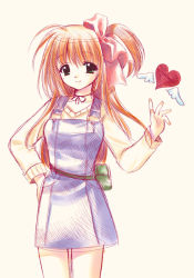 Rule 34 | 1girl, bow, brown hair, dress, green eyes, heart, nishimata aoi, pink bow, ponytail, ribbon, solo