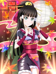 Rule 34 | 1girl, black hair, blush, double bun, green eyes, highres, japanese clothes, kimono, kurosawa dia, long hair, love live!, love live! school idol festival, love live! sunshine!!, smile, yukata
