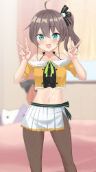 Rule 34 | 1girl, absurdres, ahoge, aqua eyes, bad id, bad pixiv id, black camisole, black pantyhose, black ribbon, blurry, blurry background, boots, breasts, brown hair, camisole, cat hair ornament, crop top, cropped jacket, double v, green ribbon, hair between eyes, hair ornament, hair ribbon, halterneck, highres, hololive, indoors, jacket, looking at viewer, miniskirt, mp150 plus, natsuiro matsuri, natsuiro matsuri (1st costume), navel, neck ribbon, off-shoulder jacket, off shoulder, open mouth, orange jacket, pantyhose, pinstripe camisole, pinstripe pattern, pleated skirt, ribbon, short sleeves, side ponytail, side slit, skirt, small breasts, solo, spaghetti strap, striped, v, virtual youtuber, white footwear, white skirt