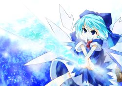 Rule 34 | 1girl, aruha-san, blue eyes, blue hair, bow, cirno, dress, fighting stance, focused, hair bow, ice, ice wings, loafers, matching hair/eyes, shoes, short hair, solo, sunrise stance, sword, touhou, weapon, wings, yuuhi alpha