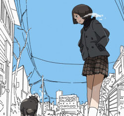 Rule 34 | 1girl, animal, blue sky, breath, brown eyes, brown hair, brown skirt, buttons, cat, city, cold, day, hands in pockets, long sleeves, miniskirt, original, outdoors, plaid, power lines, short hair, skirt, sky, solo, standing, uki atsuya, winter