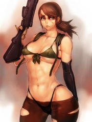 Rule 34 | 1girl, abs, asymmetrical gloves, belt, bikini, boots, breasts, brown hair, brown pantyhose, bullpup, cleavage, collarbone, combat boots, dragunov svd, explosive, female focus, front-tie bikini top, front-tie top, full body, fumio (rsqkr), gloves, gradient background, grenade, gun, highleg, highleg bikini, highleg swimsuit, holster, huge breasts, lowleg, lowleg pantyhose, metal gear (series), metal gear solid v: the phantom pain, mismatched gloves, navel, over shoulder, pantyhose, ponytail, quiet (metal gear), revealing clothes, rifle, sniper rifle, solo, stomach, suppressor, suspenders, swimsuit, thigh holster, thong bikini, torn clothes, torn pantyhose, weapon, weapon over shoulder, wide hips