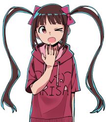 Rule 34 | &gt; o, 1girl, billbung, blunt bangs, brown hair, dot nose, flat chest, hand on own chin, hood, hoodie, idolmaster, idolmaster million live!, idolmaster million live! theater days, long hair, matsuda arisa, one eye closed, open mouth, pink ribbon, red eyes, red hoodie, ribbon, short sleeves, sidelocks, simple background, solo, standing, tearing up, twintails, upper body, very long hair, white background, yawning