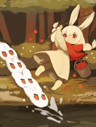 Rule 34 | 1girl, animal ears, arms up, barefoot, braid, bucket, capelet, commentary request, dress, fishing line, fishing rod, forest, hair between eyes, highres, holding, long hair, long sleeves, nature, original, parted lips, rabbit ears, red capelet, red eyes, shirokujira, short eyebrows, solo, thick eyebrows, tree, twin braids, white dress
