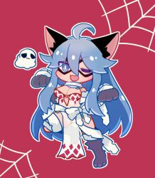 Rule 34 | 1girl, :3, ahoge, animal ears, animal hands, argyle, argyle clothes, argyle dress, bandages, blue eyes, blue hair, blush, bow, breasts, bright pupils, cat ears, cat girl, chibi, cleavage, commentary request, detached sleeves, dress, eye mask, fang, full body, ghost, gloves, goinkyo, hair between eyes, halloween costume, long bangs, long hair, looking at viewer, medium breasts, one eye closed, open mouth, outline, paw gloves, paw shoes, pochiko (poteko), ragnarok online, red background, see-through, see-through dress, silk, simple background, sleeveless, sleeveless dress, smile, solo, sorcerer (ragnarok online), spider web, standing, standing on one leg, v-shaped eyebrows, whisper (ragnarok online), white bow, white outline, white pupils, white sleeves