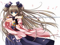 Rule 34 | 1girl, blue eyes, bow, brown hair, carnelian, gauntlets, hakama, hakama skirt, highres, japanese clothes, long hair, petals, push!!, samurai, skirt, solo, sword, weapon