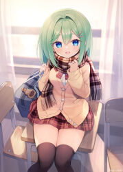 Rule 34 | 1girl, backlighting, bag, bag charm, blue eyes, bow, bowtie, cardigan, charm (object), curtains, desk, green hair, hair intakes, hair ornament, hairclip, hand up, highres, holding, holding bag, indoors, long hair, long sleeves, looking at viewer, on desk, open mouth, original, plaid, plaid scarf, plaid skirt, pleated skirt, raccoon, scarf, school bag, school uniform, shirai tanuki, sitting, skirt, sleeves past wrists, smile, solo, striped bow, striped bowtie, striped clothes, sunlight, takeda emi, thighhighs