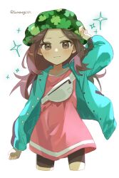 Rule 34 | 1girl, arm up, bag, bike shorts, blush, brown eyes, brown hair, buttons, closed mouth, commentary request, creatures (company), game freak, green hat, green jacket, hat, highres, jacket, leaf (pokemon), leaf (sygna suit) (pokemon), long hair, long sleeves, looking at viewer, nintendo, official alternate costume, open clothes, open jacket, pink shirt, pokemon, pokemon masters ex, shirt, smile, solo, sparkle, sumeragi1101, white bag, zipper pull tab