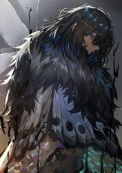 Rule 34 | 1boy, black hair, blue eyes, butterfly wings, cape, cloak, crown, dark, dragonfly wings, fate/grand order, fate (series), fur-trimmed cape, fur-trimmed cloak, fur trim, highres, insect wings, male focus, medium hair, miroku (butuzo33), oberon (third ascension) (fate), official alternate hair color, solo, wing cape, wings