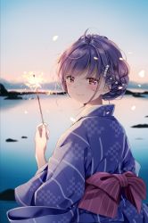 Rule 34 | 1girl, blue kimono, blue sky, blush, bow, braid, brown bow, closed mouth, commentary request, fingernails, fireworks, hair ornament, hand up, holding, japanese clothes, kimono, looking at viewer, looking back, natsume eri, original, outdoors, print kimono, purple hair, red eyes, senkou hanabi, short hair, sky, smile, solo, sparkler, striped, striped bow, sunset, water