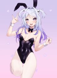 Rule 34 | 1girl, absurdres, animal ears, armpit crease, bare shoulders, black bow, black bowtie, black leotard, black nails, bow, bowtie, braid, breasts, covered navel, detached collar, fake animal ears, fang, fox shadow puppet, gomicake, gradient hair, groin, hair intakes, hair ornament, hand up, heart, heart-shaped pupils, heavenrend, highres, knee up, leotard, light blush, long hair, looking at viewer, medium breasts, multicolored hair, nail polish, open mouth, pantyhose, playboy bunny, purple background, purple eyes, purple hair, purple nails, rabbit ears, simple background, skull hair ornament, smile, solo, strapless, strapless leotard, symbol-shaped pupils, two side up, virtual youtuber, white hair, white pantyhose, yumemi rurumi