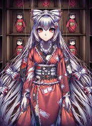 Rule 34 | 1girl, bow, closed mouth, commentary request, dark jewel (gem oblivion), doll, doll joints, empty eyes, eyelashes, feet out of frame, flower, frilled kimono, frills, fujiwara no mokou, hair bow, hair flower, hair ornament, houraisan kaguya, japanese clothes, joints, kimono, long hair, looking at viewer, marionette, obiage, obijime, ofuda, ofuda on clothes, puppet, puppet strings, red eyes, red kimono, shelf, sidelocks, silver hair, solo, standing, torn clothes, torn kimono, torn sleeves, touhou, very long hair, white bow
