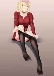 Rule 34 | 1girl, black pantyhose, blonde hair, blue eyes, breasts, clothes pull, crotch seam, dress, full body, highres, jewelry, large breasts, necklace, open mouth, original, pantyhose, pantyhose pull, red dress, short dress, short hair, shuko hime, sitting, solo, undressing, zaregoto tsukai no deshi