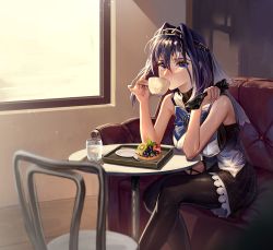Rule 34 | 1girl, black gloves, black pantyhose, black thighhighs, blue bow, blue bowtie, blue eyes, bow, bowtie, breasts, chain, chain headband, chair, couch, cup, food, fruit tart, gloves, hair intakes, head chain, highres, hololive, hololive english, indoors, jewelry, large breasts, leaning on table, looking at viewer, on couch, ouro kronii, pantyhose, plate, santafe99, sitting, skirt, sleeveless, solo, striped, tart (food), teacup, thighhighs, turtleneck, unworn gloves, veil, virtual youtuber, water