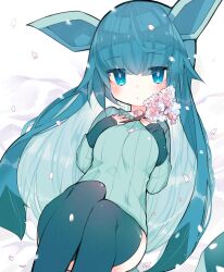 Rule 34 | animal ears, aqua hair, aqua sweater, blue eyes, blush, branch, breast suppress, breasts, bright pupils, cherry blossoms, closed mouth, commentary request, creatures (company), expressionless, falling petals, feet out of frame, game freak, gen 4 pokemon, glaceon, highres, holding, holding branch, knees up, large breasts, layered sleeves, legs together, long hair, long sleeves, nintendo, personification, petals, pokemon, ribbed sweater, sakutake (ue3sayu), sleeves past wrists, sweater, thighhighs, very long hair, white pupils