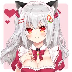 Rule 34 | 1girl, animal ear fluff, animal ears, bow, breasts, cat ears, cleavage, closed mouth, dress, frilled dress, frills, grey hair, hair between eyes, hair bow, hand up, heart, large breasts, long hair, looking at viewer, maid, maid headdress, original, pink background, puffy short sleeves, puffy sleeves, red bow, red dress, red eyes, shikito (yawa0w0), short sleeves, smile, solo, two-tone background, two side up, upper body, white background
