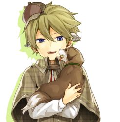 Rule 34 | 1boy, 7100potechi, aged down, animal, blonde hair, blue eyes, child, dog, drop shadow, hair between eyes, happy, hat, holding, holding animal, horns, hyuse, long sleeves, male focus, mini hat, plaid capelet, shirt, short hair, tongue, tongue out, upper body, white shirt, world trigger