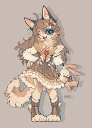 Rule 34 | 1girl, :3, ;d, absurdres, ahoge, animal bag, animal ear fluff, animal ears, artist name, bag, blue eyes, body fur, bow, brown background, brown dress, brown footwear, brown fur, brown hair, capelet, cat ears, cat girl, cat tail, chinese commentary, commentary request, cross-laced footwear, dress, dress bow, drop shadow, fangs, frilled capelet, frilled dress, frills, full body, furry, furry female, hair bow, hand on own hip, hand up, handbag, highres, knees apart feet together, layered dress, long hair, long sleeves, looking at viewer, one eye closed, open mouth, orange capelet, original, shuini xiaomao, signature, simple background, smile, solo, standing, swept bangs, tail, toeless footwear, whiskers