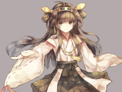 Rule 34 | 10s, 1girl, ahoge, bad id, brown eyes, brown hair, detached sleeves, hairband, headgear, kantai collection, kongou (kancolle), long hair, personification, ribbon-trimmed sleeves, ribbon trim, simple background, smile, snow (snow1993), solo, wide sleeves