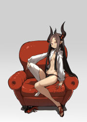 Rule 34 | 1girl, black hair, black panties, blouse, breasts, couch, facial mark, forehead mark, full body, grey background, highres, horns, lamian (pixiv415608), long hair, navel, no bra, no pants, open clothes, open shirt, original, panties, pointy ears, red eyes, sandals, unworn sandals, shirt, unworn shoe, simple background, single thighhigh, sitting, smile, solo, symbol-shaped pupils, thighhighs, underwear, very long hair, white shirt, white thighhighs
