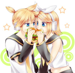 Rule 34 | 1boy, 1girl, ash00, blonde hair, blue eyes, blush, brother and sister, burger, child, eating, food, hair ornament, hairclip, headset, kagamine len, kagamine rin, kuro i, midriff, multiple boys, navel, shared food, siblings, simple background, star (symbol), twins, vocaloid, white background