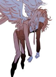 Rule 34 | 1boy, angel devil (chainsaw man), angel wings, chainsaw man, collared shirt, feathered wings, floating, formal, halo, highres, long hair, looking to the side, messy hair, naotin3333, necktie, shirt, solo, suit, white background, white wings, wings