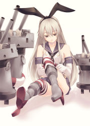 Rule 34 | 10s, 1girl, :3, adjusting clothes, adjusting legwear, blonde hair, blush, boots, brown eyes, elbow gloves, full body, gloves, grey footwear, hairband, highres, kantai collection, kirishima satoshi, long hair, md5 mismatch, personification, rensouhou-chan, shimakaze (kancolle), skirt, striped clothes, striped thighhighs, thighhighs, white gloves