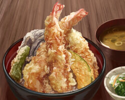 Rule 34 | bowl, food, food focus, jiji (kbj0225), no humans, original, shadow, shrimp, shrimp tempura, soup, still life, tempura