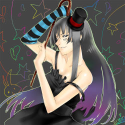 Rule 34 | 00s, 1girl, akiyama mio, asymmetrical clothes, bare shoulders, black hair, rabbit, cane, colorful, don&#039;t say &quot;lazy&quot;, dress, er-mint, gloves, hat, heart, k-on!, long hair, mini hat, mini top hat, off shoulder, rainbow, single glove, solo, star (symbol), striped, top hat