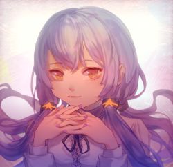 Rule 34 | 1girl, :3, commentary, dress, hair tie, highres, interlocked fingers, long hair, looking at viewer, nail polish, purple hair, purple nails, smile, solo, star (symbol), star print, tangshishi, upper body, vocaloid, white dress, xingchen, yellow eyes