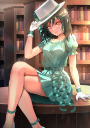 Rule 34 | 1girl, absurdres, adjusting clothes, adjusting headwear, ankle strap, aqua bow, aqua dress, black hair, bow, closed mouth, commentary, crossed legs, dress, emotion (love live!), english commentary, evening, gloves, hat, hat bow, highres, legs, library, looking at viewer, love live!, love live! nijigasaki high school idol club, medium hair, mifune shioriko, notinversion, on table, red eyes, short dress, short sleeves, sidelighting, sitting, sitting on table, table, tsurime, waist bow, white gloves, white hat