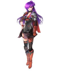 Rule 34 | 1girl, armor, boots, breasts, cape, elbow gloves, female focus, fire emblem, fire emblem: three houses, fire emblem heroes, fire emblem warriors: three hopes, full body, gloves, hair bun, hair over one eye, hand on own hip, highres, knee boots, knee pads, long hair, matching hair/eyes, medium breasts, nintendo, non-web source, official art, orange footwear, orange gloves, purple eyes, purple hair, shez (female) (fire emblem), shez (fire emblem), shoulder armor, single glove, smile, solo, standing, thigh strap, thighhighs, toyota saori, transparent background, zettai ryouiki