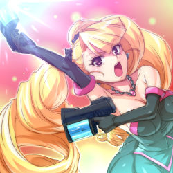 Rule 34 | 1girl, alternate color, aq interactive, arcana heart, arcana heart 2, atlus, bare shoulders, blonde hair, blush, breasts, cleavage, detached sleeves, dress, drill hair, dual wielding, earrings, elbow gloves, examu, flower, gloves, gun, hair flower, hair ornament, hairu, hands on own hips, holding, jewelry, large breasts, long hair, necklace, open mouth, pendant, petra johanna lagerkvist, purple eyes, solo, twin drills, very long hair, weapon