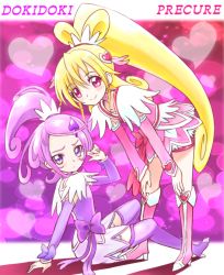 Rule 34 | 1dora, 2girls, aida mana, blonde hair, boots, bow, choker, copyright name, cure heart, cure sword, curly hair, dokidoki! precure, earrings, eyelashes, hair ornament, hairpin, half updo, hands on own knees, heart, heart background, heart hair ornament, jewelry, kenzaki makoto, knee boots, leaning, long hair, looking at viewer, magical girl, multiple girls, pink bow, pink eyes, pink footwear, ponytail, precure, purple eyes, purple footwear, purple hair, purple legwear, purple skirt, ribbon, short hair, sitting, skirt, smile, spade, spade hair ornament, thighhighs