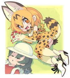 Rule 34 | 2girls, backpack, bag, black hair, blood, boots, claws, gashi-gashi, hat, high heel boots, high heels, highres, kaban (kemono friends), kemono friends, lying, multiple girls, on back, on side, red shirt, serval (kemono friends), serval print, shirt, sleeping, tail, thighhighs