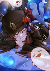 Rule 34 | 1girl, absurdres, asahi (vjss4548), blue fire, blush, brown coat, brown hair, coat, fire, flower, flower-shaped pupils, genshin impact, ghost, grin, hat, hat flower, highres, hu tao (genshin impact), jewelry, legs up, long hair, looking at viewer, lying, no shoes, on stomach, one eye closed, plum blossoms, porkpie hat, red eyes, ring, smile, socks, solo, symbol-shaped pupils, tassel, teeth, the pose, twitter username, white socks, wide sleeves