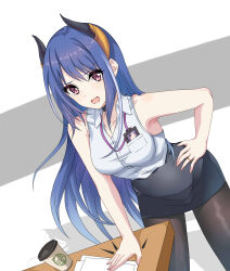 Rule 34 | 1girl, bare arms, black pantyhose, black skirt, blue hair, breasts, collared shirt, hand on own hip, highres, horns, id card, jewelry, leaning forward, long hair, looking at viewer, maxwelzy, medium breasts, open mouth, pantyhose, pencil skirt, princess connect!, purple eyes, rei (princess connect!), ring, shirt, shirt tucked in, skirt, sleeveless, sleeveless shirt, solo, table, white shirt