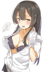 Rule 34 | 1girl, black bra, black hair, bra, breasts, calin, cleavage, dated, dress shirt, gloves, hair ornament, hairclip, highres, kantai collection, large breasts, long hair, one-hour drawing challenge, open clothes, oyashio (kancolle), shirt, short sleeves, signature, simple background, solo, underwear, upper body, white background, white gloves, white shirt, yellow eyes