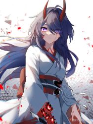 Rule 34 | 1girl, acheron (honkai: star rail), blood, blood on clothes, blood on face, flower, hair over one eye, highres, holding, holding sword, holding weapon, honkai: star rail, honkai (series), horns, japanese clothes, kimono, long hair, looking at viewer, mangzhi yaoyao, obi, official alternate costume, purple eyes, purple hair, red flower, red sash, sash, solo, sword, weapon, white kimono
