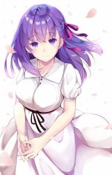 Rule 34 | 1girl, black ribbon, breasts, closed mouth, commentary request, dress, fate/stay night, fate (series), hair ribbon, interlocked fingers, large breasts, long hair, looking at viewer, matou sakura, official alternate costume, pink ribbon, puffy short sleeves, puffy sleeves, purple eyes, purple hair, ribbon, short sleeves, simple background, smile, solo, wankoo-mikami, white background, white dress, wind