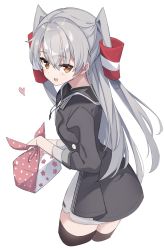 Rule 34 | 1girl, absurdres, amatsukaze (kancolle), bento, black dress, black thighhighs, brown eyes, cowboy shot, cropped legs, dress, fathom, hair tubes, highres, kantai collection, long hair, official alternate costume, silver hair, simple background, smile, solo, thighhighs, two side up, white background