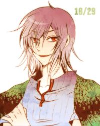 Rule 34 | 1boy, blue shirt, crossed arms, dated, devil survivor, eyebrows, green jacket, high collar, jacket, jacket on shoulders, looking at viewer, male focus, megami tensei, naoya (devil survivor), open mouth, red eyes, shirt, short hair, smirk, solo, solo focus, white hair