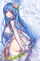 Rule 34 | 1girl, adapted costume, aged up, ass, blue hair, blush, breasts, bridal gauntlets, dress, food, fruit, highres, hinanawi tenshi, huge breasts, large breasts, long hair, looking at viewer, mirukurim, peach, red eyes, smile, solo, thighhighs, thighs, touhou, very long hair, wedding dress, white dress